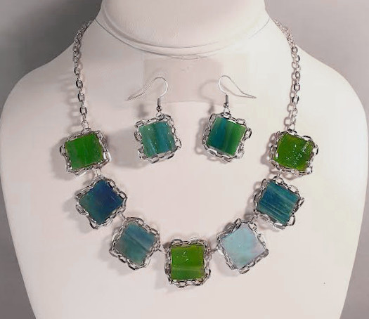 Blockchain stained glass necklace and earrings set